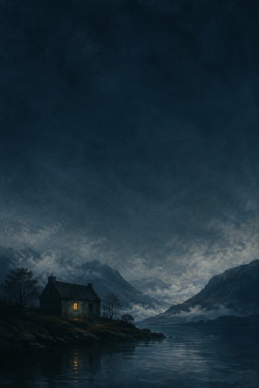A painterly blue mountain lake and a cottage with a glowing window