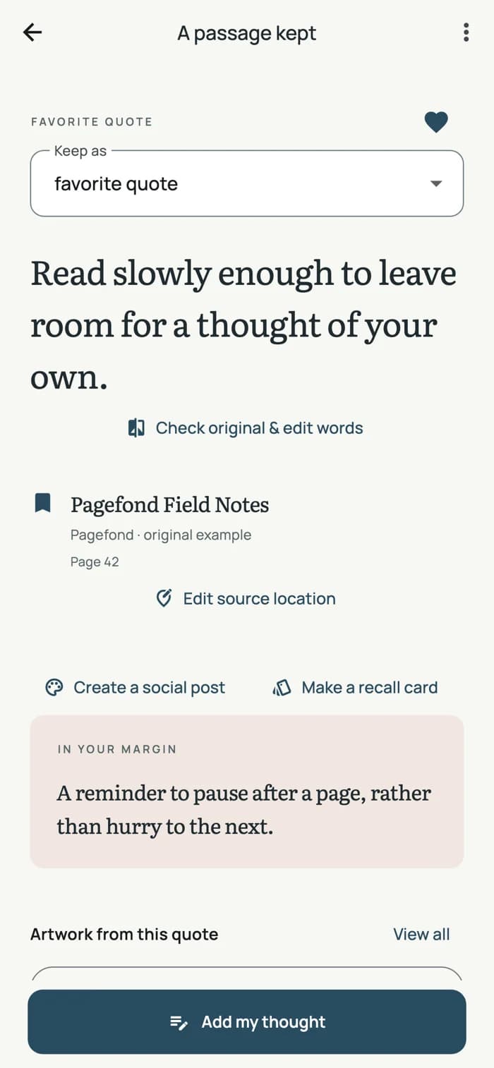 Pagefond passage screen with the saved quote, book details and a personal margin note